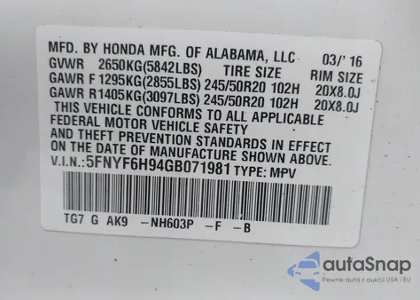 2016 Honda Pilot Touring z USA, uszkodzony, nr VIN 5FNYF6H94GB071981